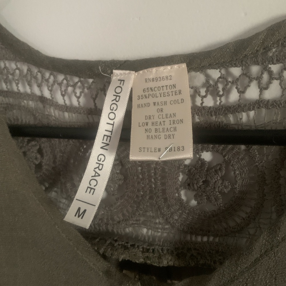 Forgotten Grace Olive Green Sheer Blouse With Crochet Detail - Picture 2 of 6